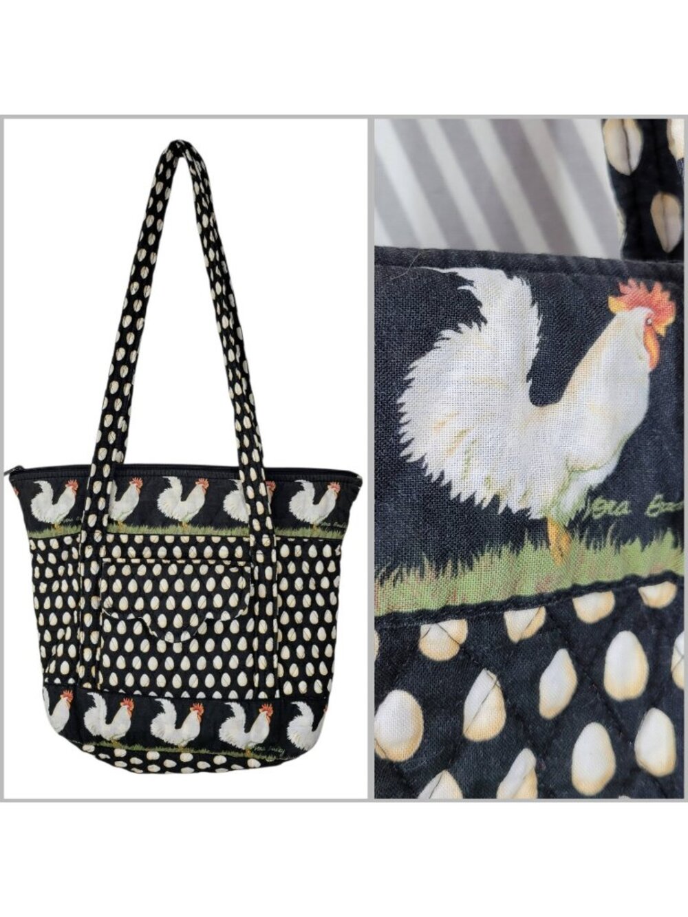 Vera Bradley Vintage Chicken + Egg Chanticleer Print Zip Purse Pockets Tote Bag